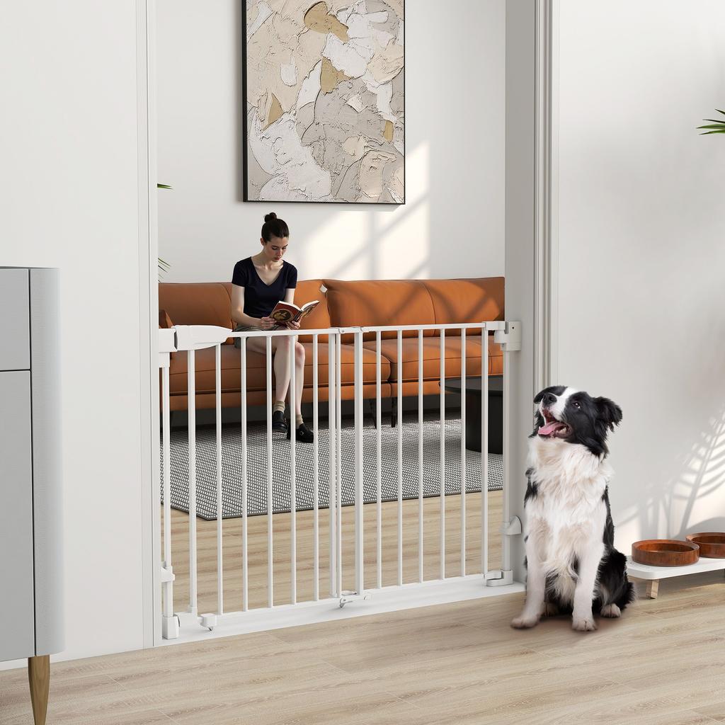 Dog Safety Gate, 74.5-111.5x74.5 Cm, Stair Gate, Self-Closing, One-Handed Opening, White