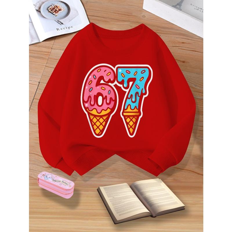 Kids Unisex Crewneck Sweatshirt, Cute Dripping Ice Cream Cone Shaped 67 Number Print Long Sleeve Pullover, Sweatshirt for Boys Girls Over 4 Years Old