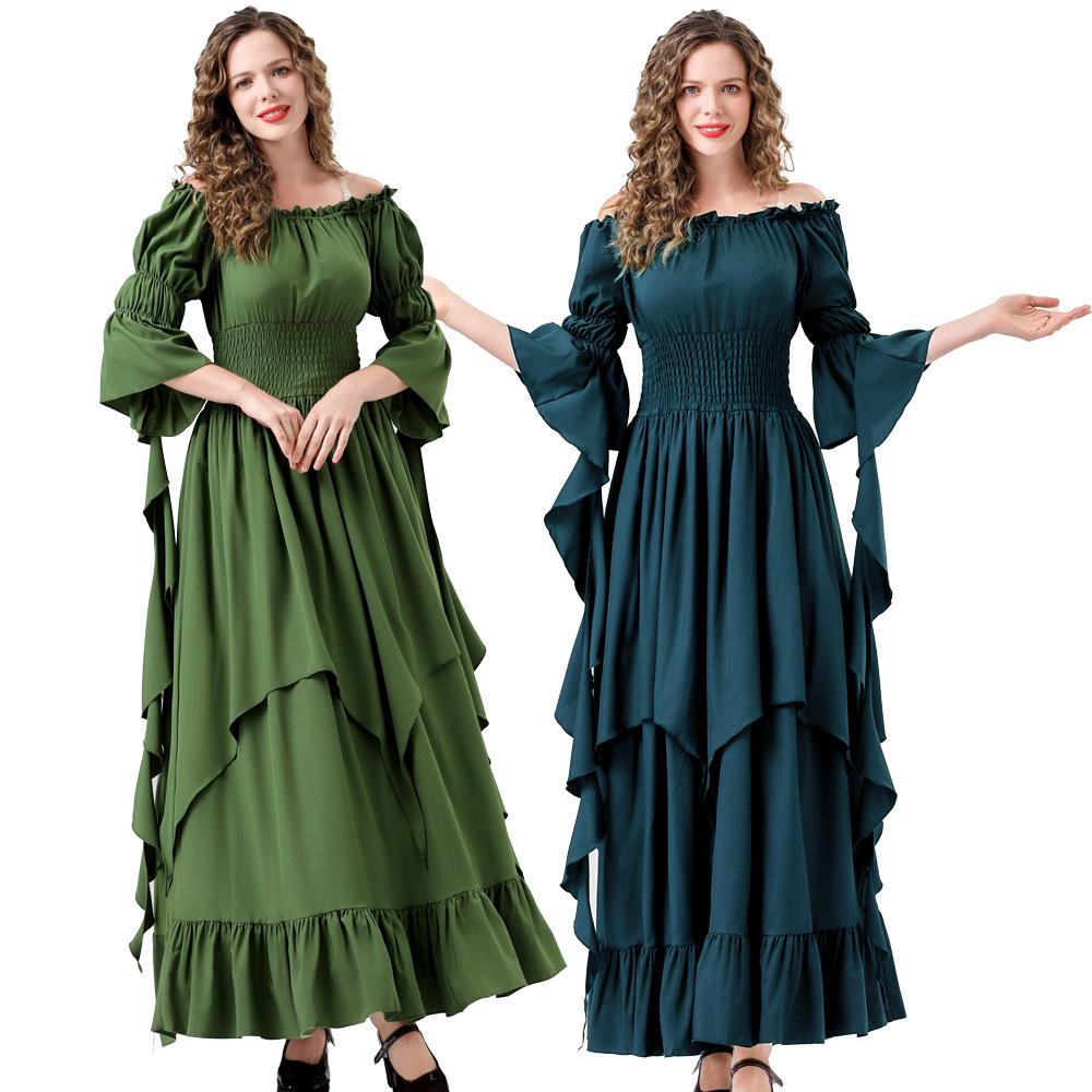Middle Ages Renaissance off shoulder long dress, flowing flared sleeve dress with ruffles, women's retro court attire
