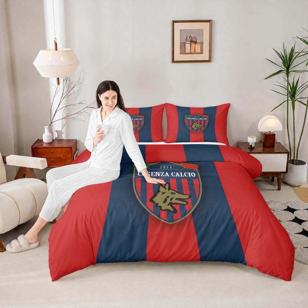 Cosenza Calcio 1914 Wolf Crest 3 Piece Bedding Set, Red Navy Vertical Stripes Soccer Emblem Duvet Cover Set for Italian Football Fans Gift