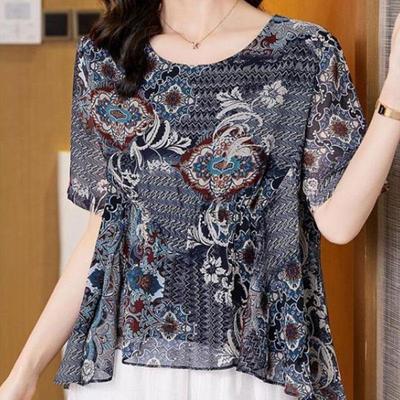 Vintage Floral Printing Asymmetrical Chiffon Shirt Summer New O-Neck Short Sleeve Loose Pullovers Blouse Female Clothing