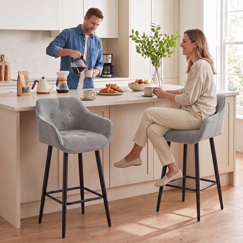 Bar Stools, Set of 2, Chenille Upholstered, 67 cm High, Backrest and Footrest, Grey