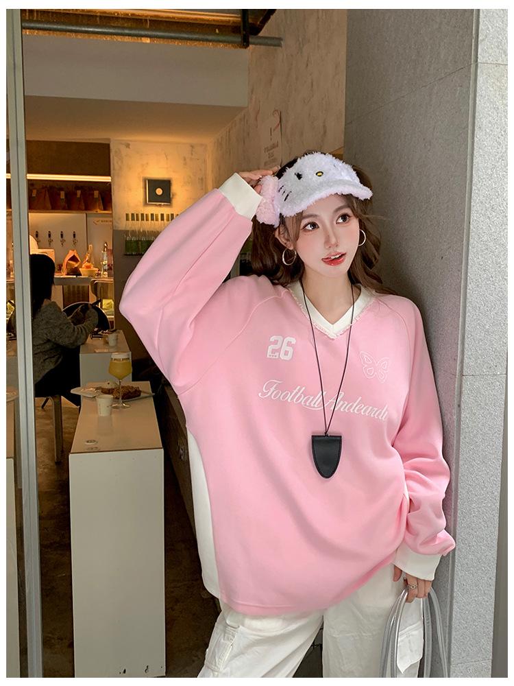 Women's V-Neck Lace Sweatshirt: Autumn-Winter Ballet Style, Navy Blue, Loose Slimming Fit