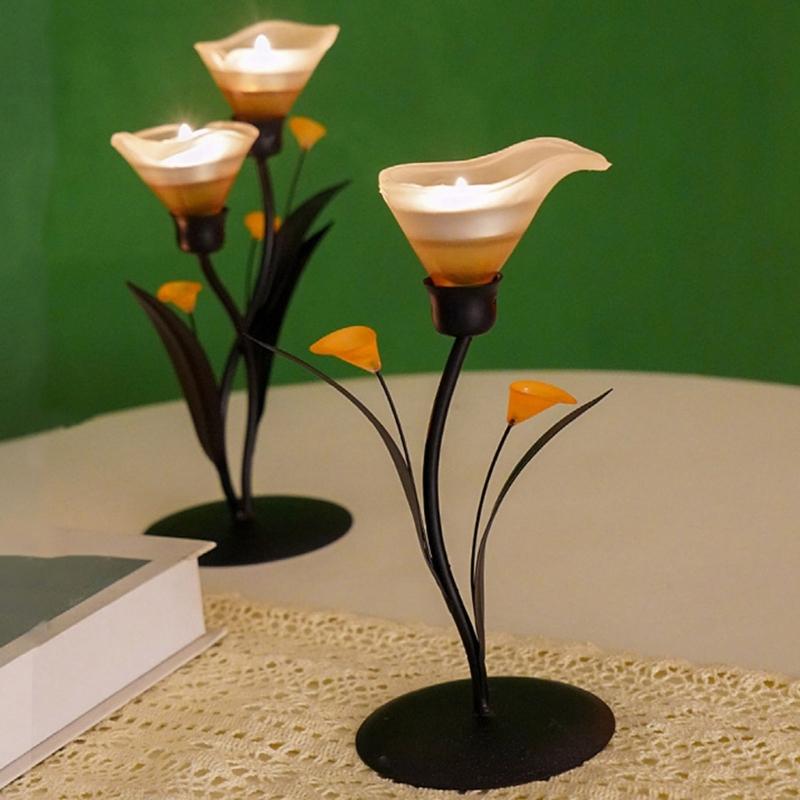 Eisenleuchter mit Glasblütenknospen Tischkerzenständer für Kamine Regal Arbeitsplatten Mittelstücke Kerzenständer