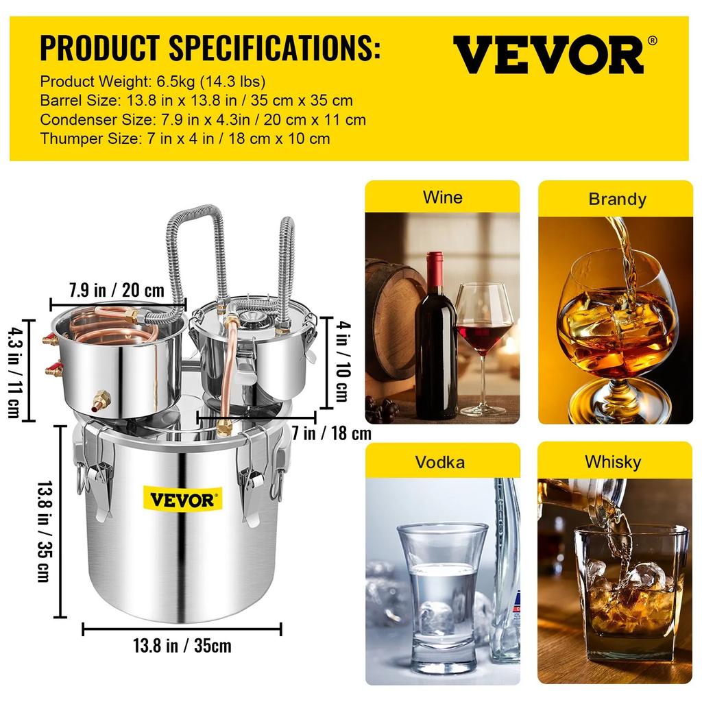 VEVOR 32.2 L Home Use Moonshine Still Brewing Stainless Steel Water Essential Oil Double Keg