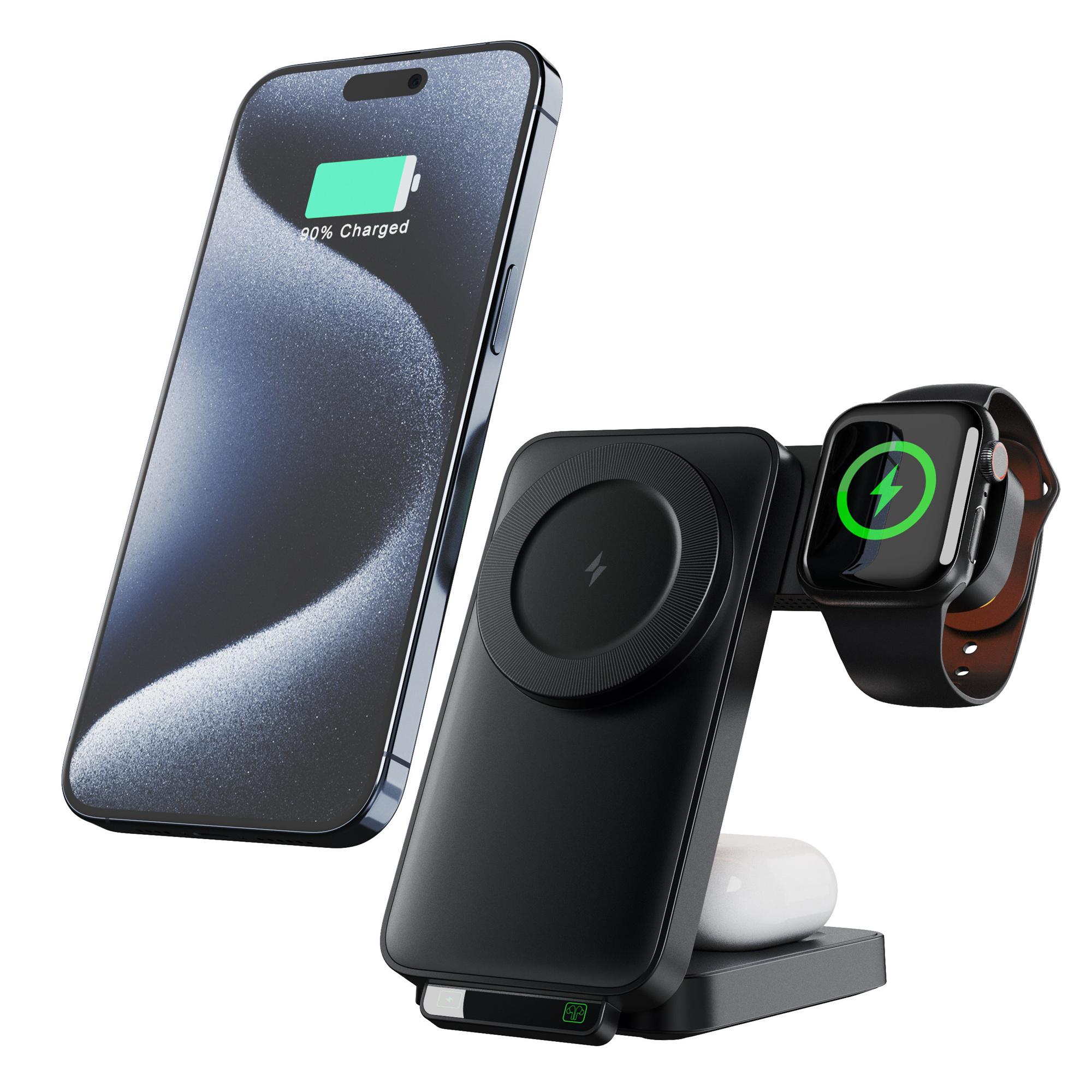 

HT-545 Foldable Magnetic Wireless Charger with Night Light 3 in 1 15W Fast Charging Station for Phone/Earbuds/Watch Black