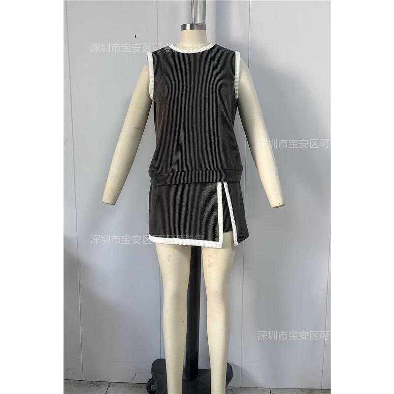  Women's Ribbed Knit 2-Piece Set Sleeveless Tank Top + Split Skort Shorts Outfit