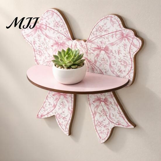 Pink Decorative Wall Shelves Cute Bow Wooden Shelf, Shaped Display Rack, Mount Mounted Bedside Shelf Storage for Bedroom Vanity Room, Small Plants Tie