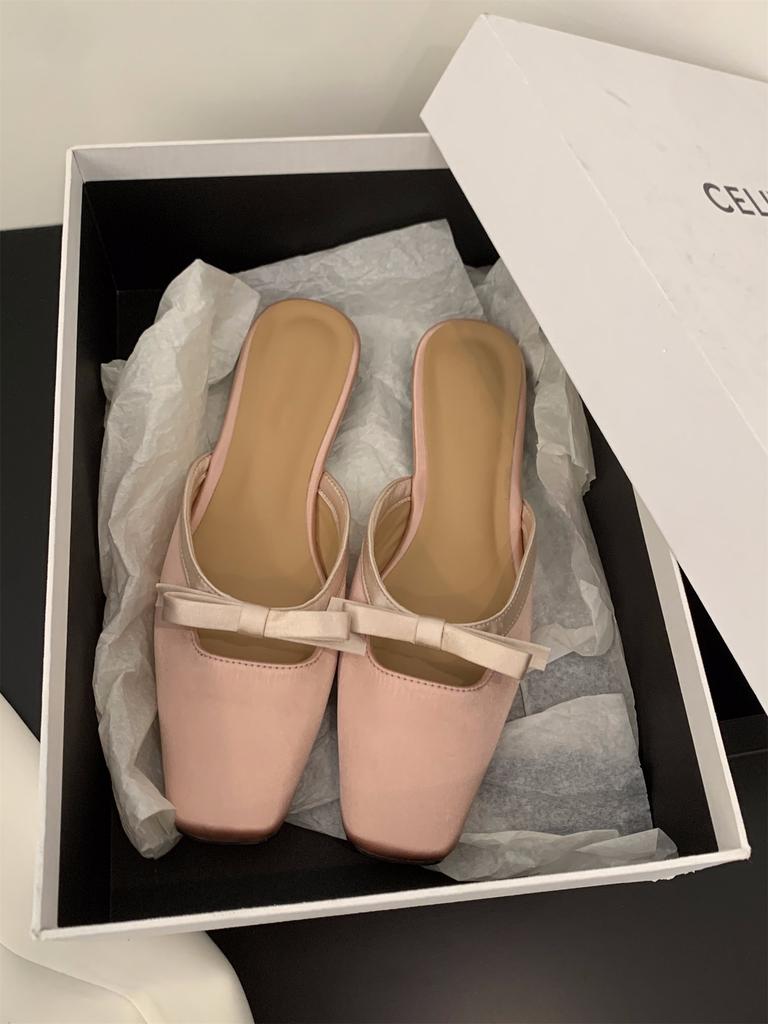 Flat Bottom Summer Green with Skirt Bag Head Half Slippers Fairy Shoes 2024 Summer Outer Wear Bow Small Sandals