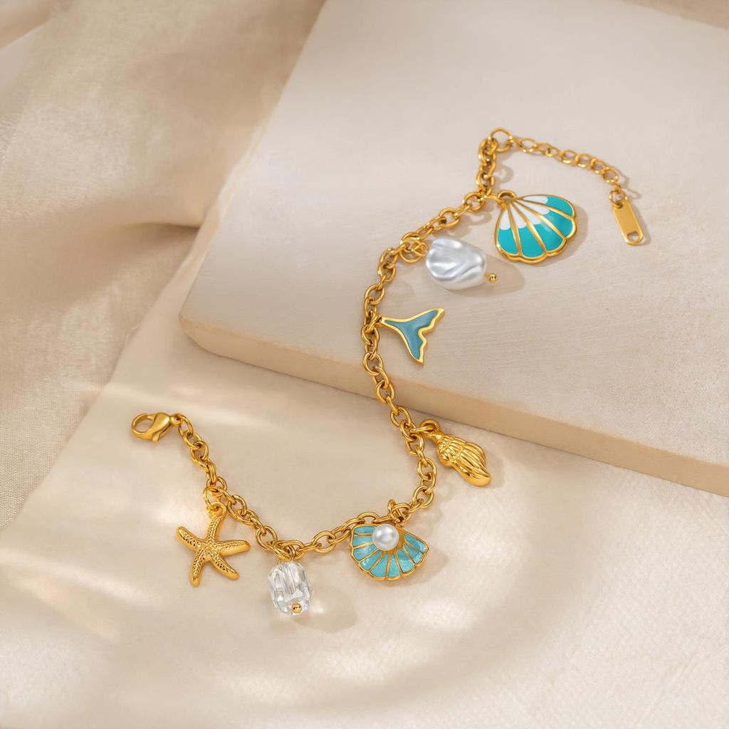 18K Gold Plated Ocean Style Starfish & Pearl Stainless Steel Bracelet - Waterproof & Fade-resistant