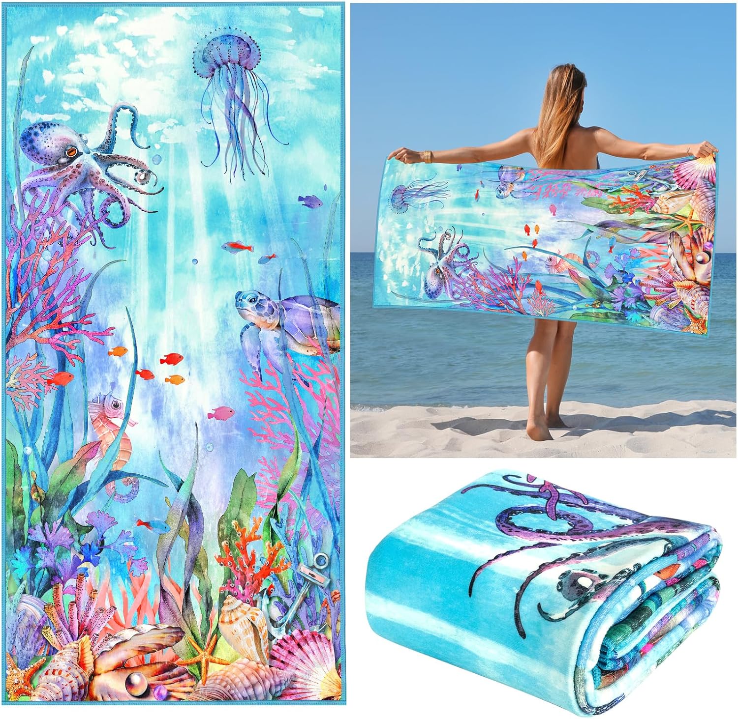 

Octopus Kraken Beach Towel, Nautical Ocean Life Cotton Blend Absorbent Bath Towel for Kids Men Women Pool and Travel W40*H60(CM)