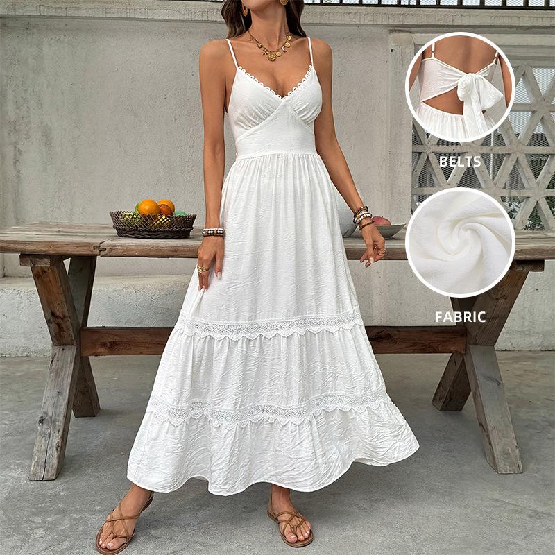 Boho Dresses for Women 2026 Midi Tie Front Button Down A-Line Dresses Summer Spaghetti Strap Dress Floral Prints S