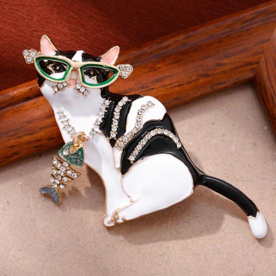 Broșă Pisică cu Strasuri Sclipitoare, Ac de Broșă cu Ochelari de Soare Verzi, Pandantiv Pește, Smalț cu Picături de Ulei, Insignă Animal