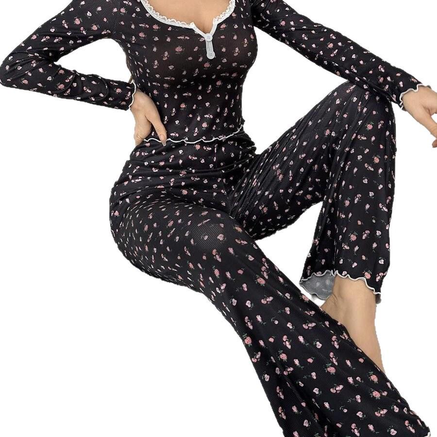 European & American Style Sexy Casual Autumn/Winter Long Sleeve Pajama Set - Women’s Two-Piece Long Pants Home Wear