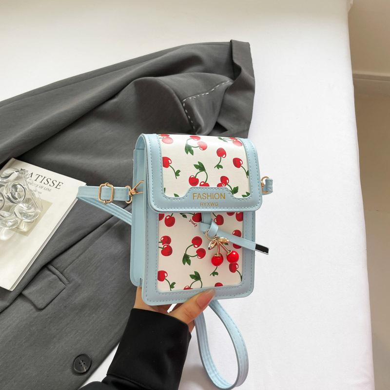 Light Blue Cherry Print Mini Crossbody Bag Cute PU Leather Phone Bag With Cherry Charm Daily Shopping Fashion Purse