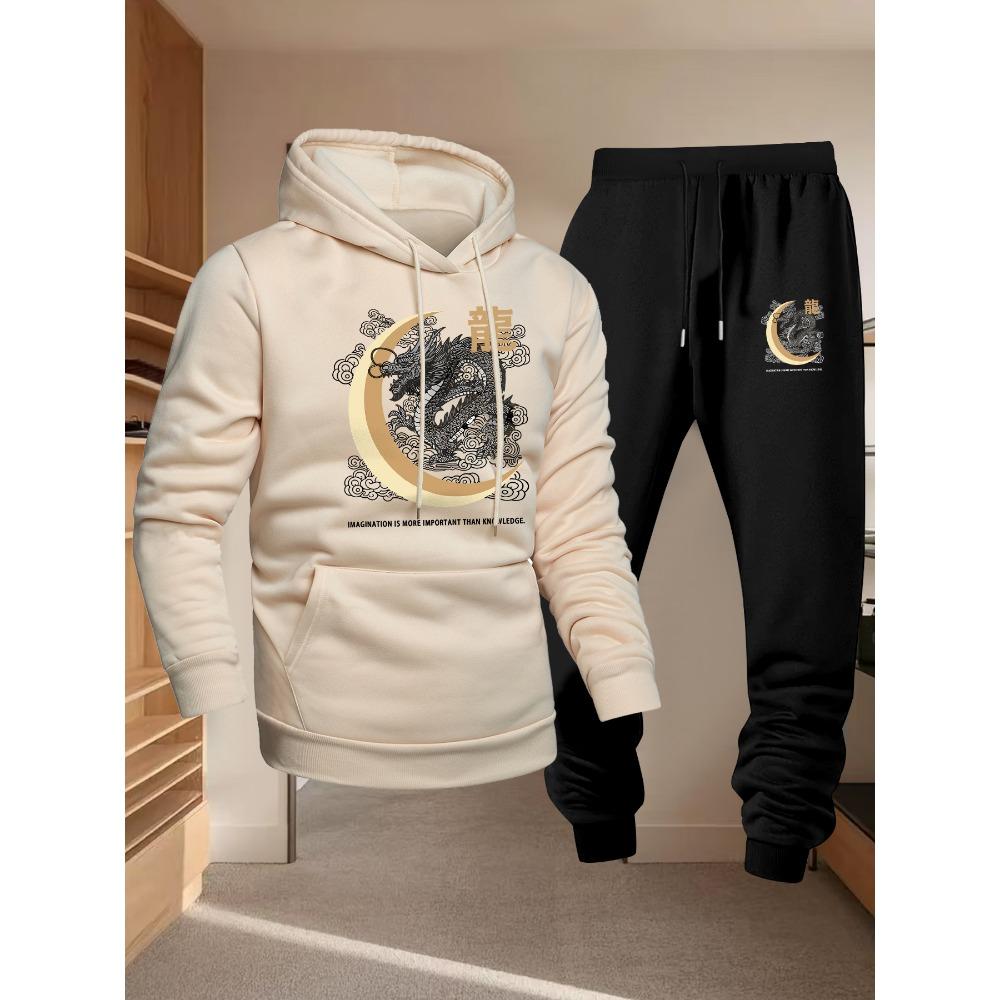 Dragon Moon Pattern Printed Hoodie Sport Set Drawstring Hoodie Versatile Running Pants Sport Two Piece Set Street Style