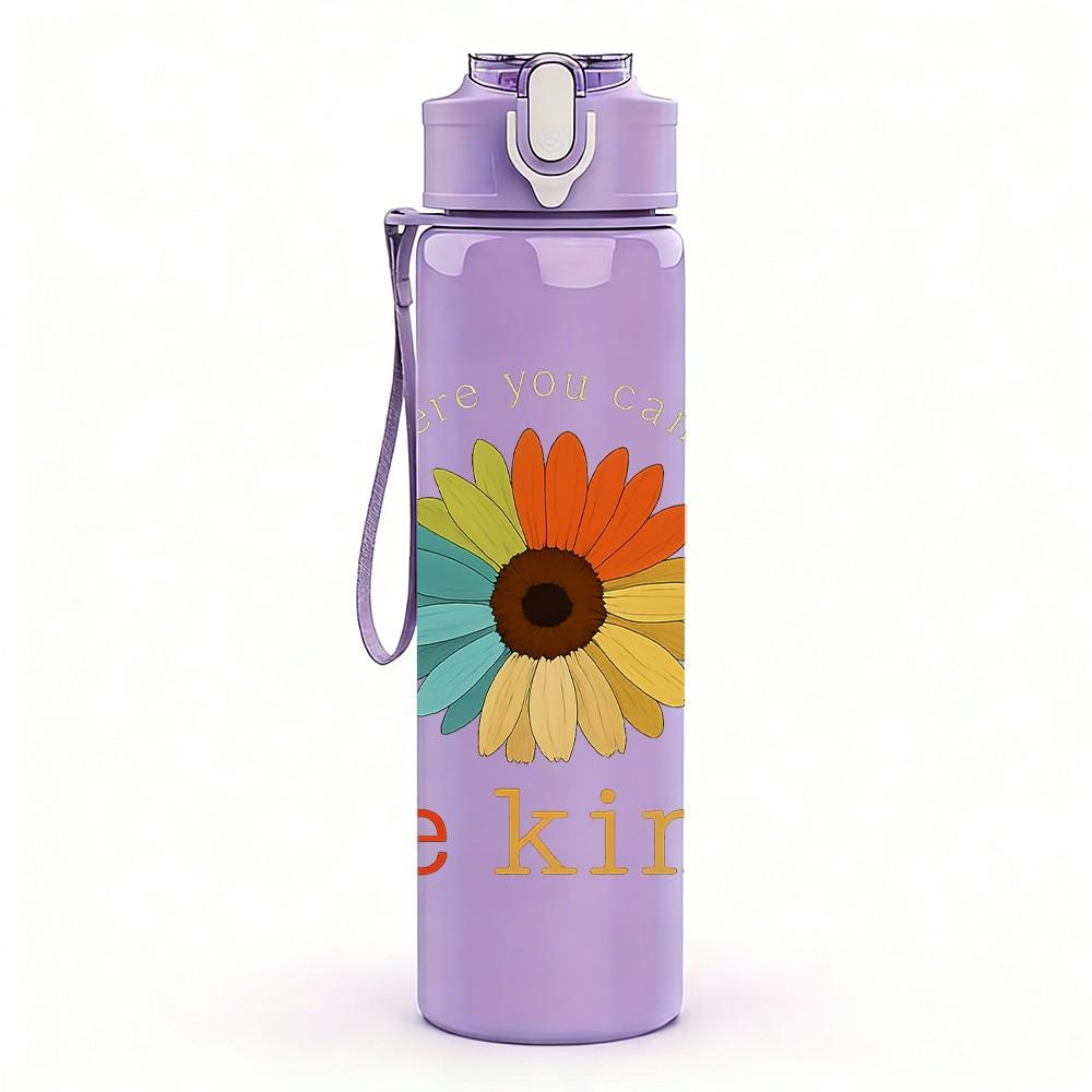 1PC Be Kind Sunflower Text 750ml Color Plastic Sports Water Bottle Leakproof Flip Straw Lid Suitable for Sports Office Home Use