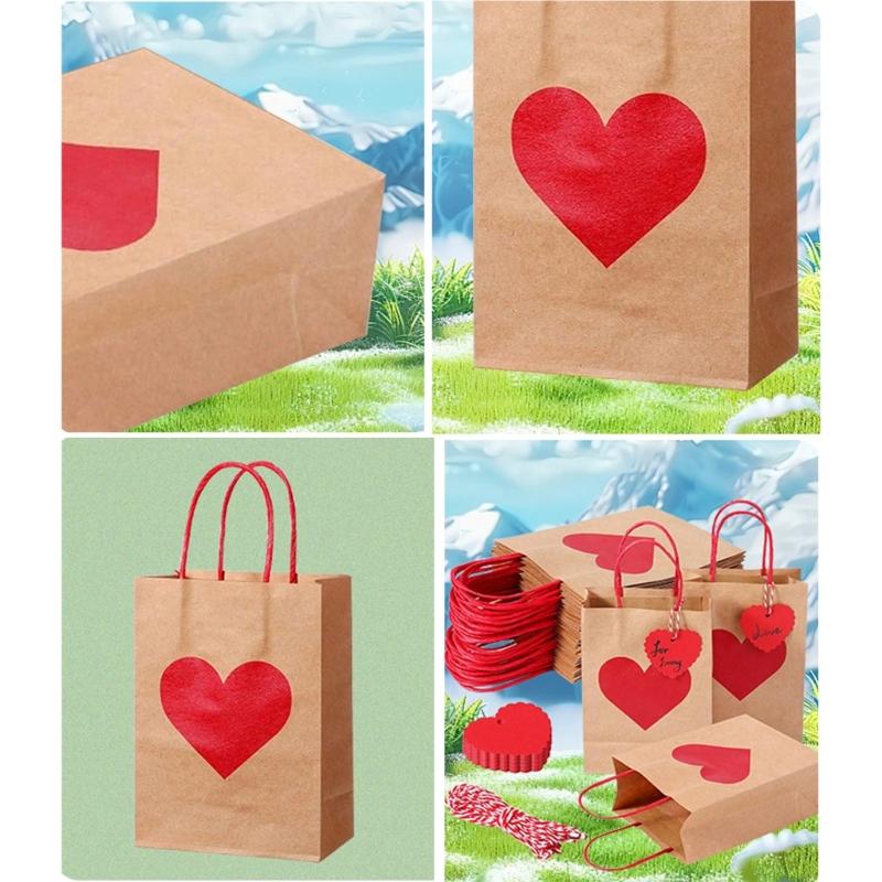 10PCS Valentine's Day Heart Candy Bags Kraft Paper Gift Bags with Handles for Weddings and Birthday Parties