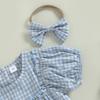 Baby Girl 2Pcs Summer Outfits, Short Puff Sleeve Plaid Print Romper with Headband Set