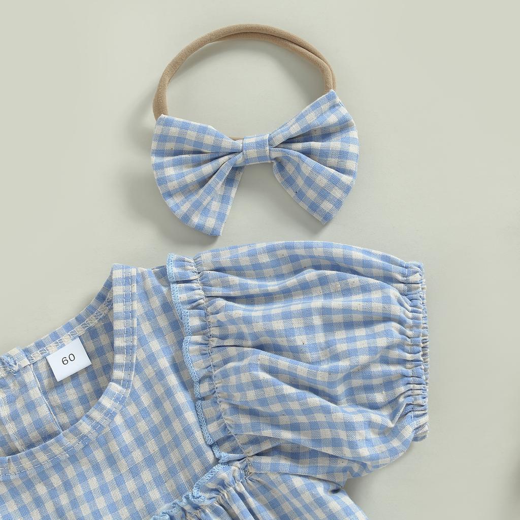 Baby Girl 2Pcs Summer Outfits, Short Puff Sleeve Plaid Print Romper with Headband Set