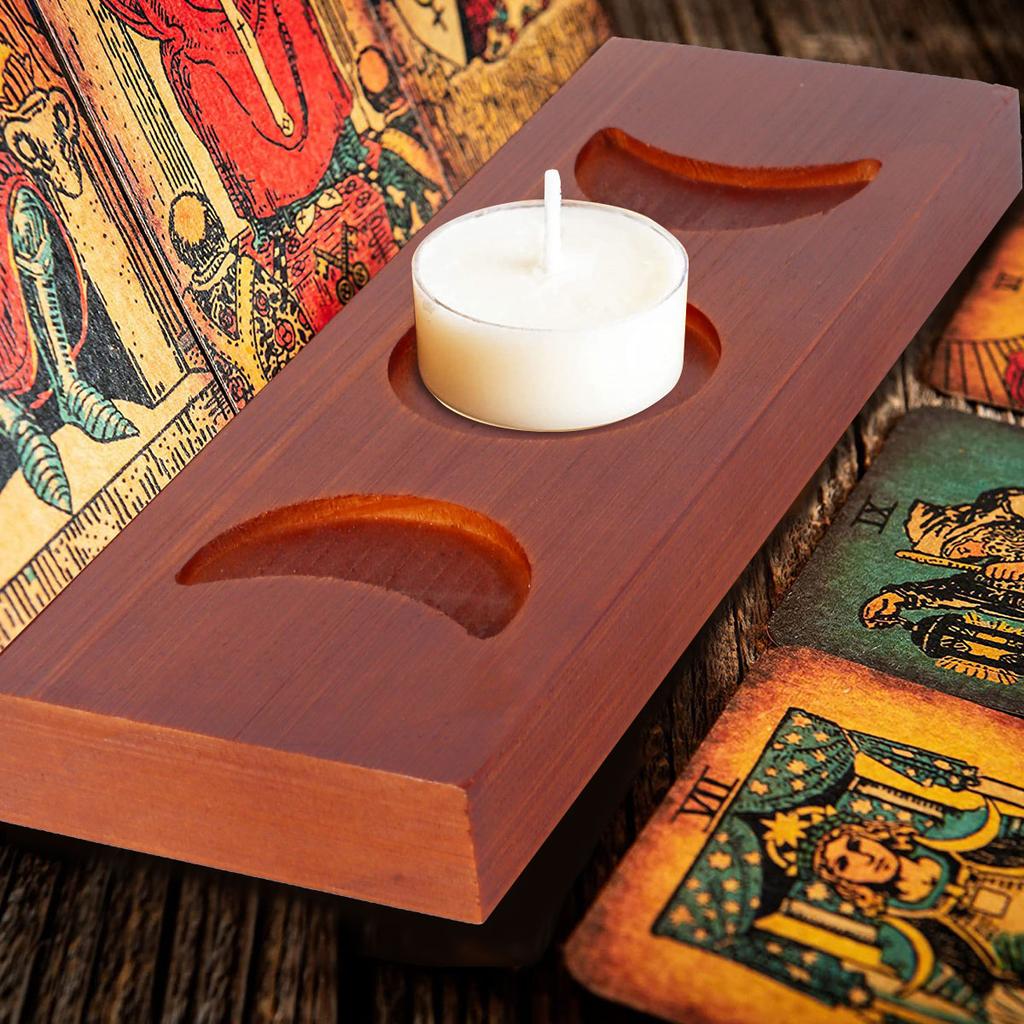 Candle Tarot Holder Stand Wooden Triple Moon Phases Symbol Tarot Card Display Stands Moon Tray Crystal Holder Home Decoration