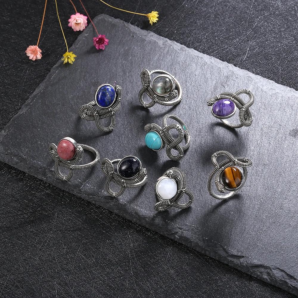 Snake Shaped Vintage Ring Natural Labradorite Ring 10*12MM Turquoise Moonstone Retro Gift for Women Men Fine Jewelry