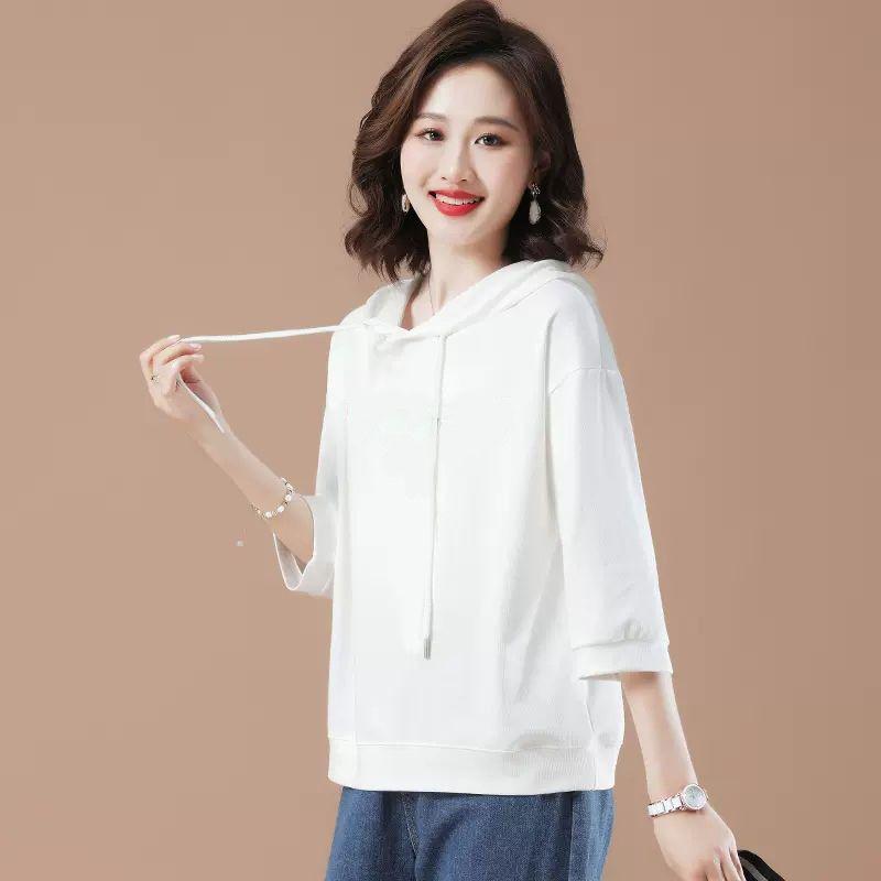 

Корейская версия свитера с капюшоном с рукавом три четверти, женский летний свободный топ, тонкий раздел для весны и осени M холодный белый