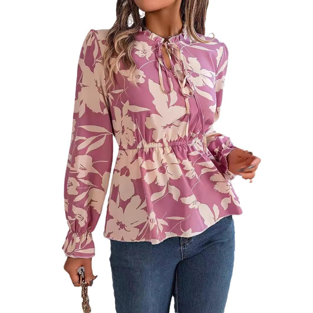 HNXC Autumn and Winter Casual Flower-tied Long-sleeved Chiffon Blouse for Women S лавандовый