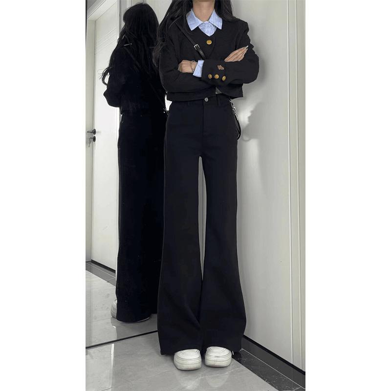 Women High Waist Stretch Flare Jeans Fall Slimming Draped Bootcut Floor Length Denim Pants For Pear Shaped Body