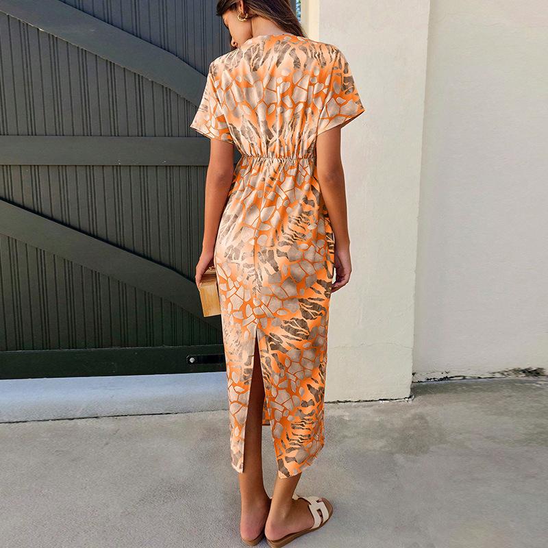 Women Casual Short Sleeve V Neck Bohemian Holiday Style Package Hip One Piece Dress