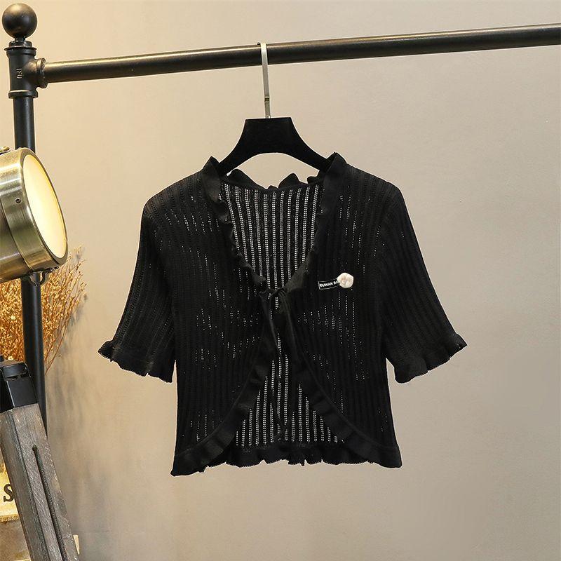 

V-neck Knitted Cardigan Women s Short-Sleeved Summer Thin Ice Silk Ruffles Sun Protection Top Short Cape Suspender Skirt Black-Ruffles -830 short sleeve-flower M