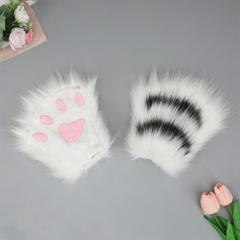 Cute Anime Beast Tail Cat Ear Headband Paw Gloves Set Lovely-Fox Tail Themed Party Costume Cosplay Props for Festivals