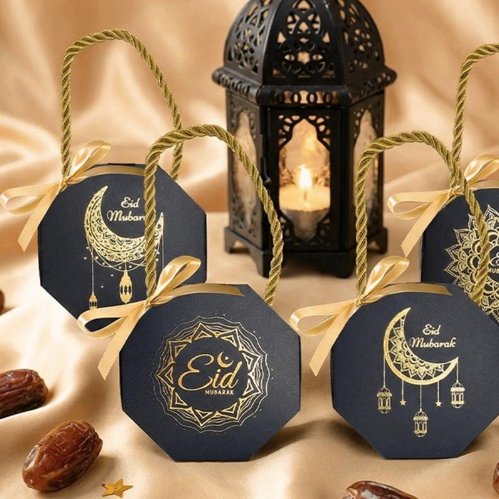10Pcs Satin Ribbon Bow Eid and Ramadan Gift Boxes Gold Stamping Reusable Ramadan Gift Box Portable Simple Gift Packaging Bags