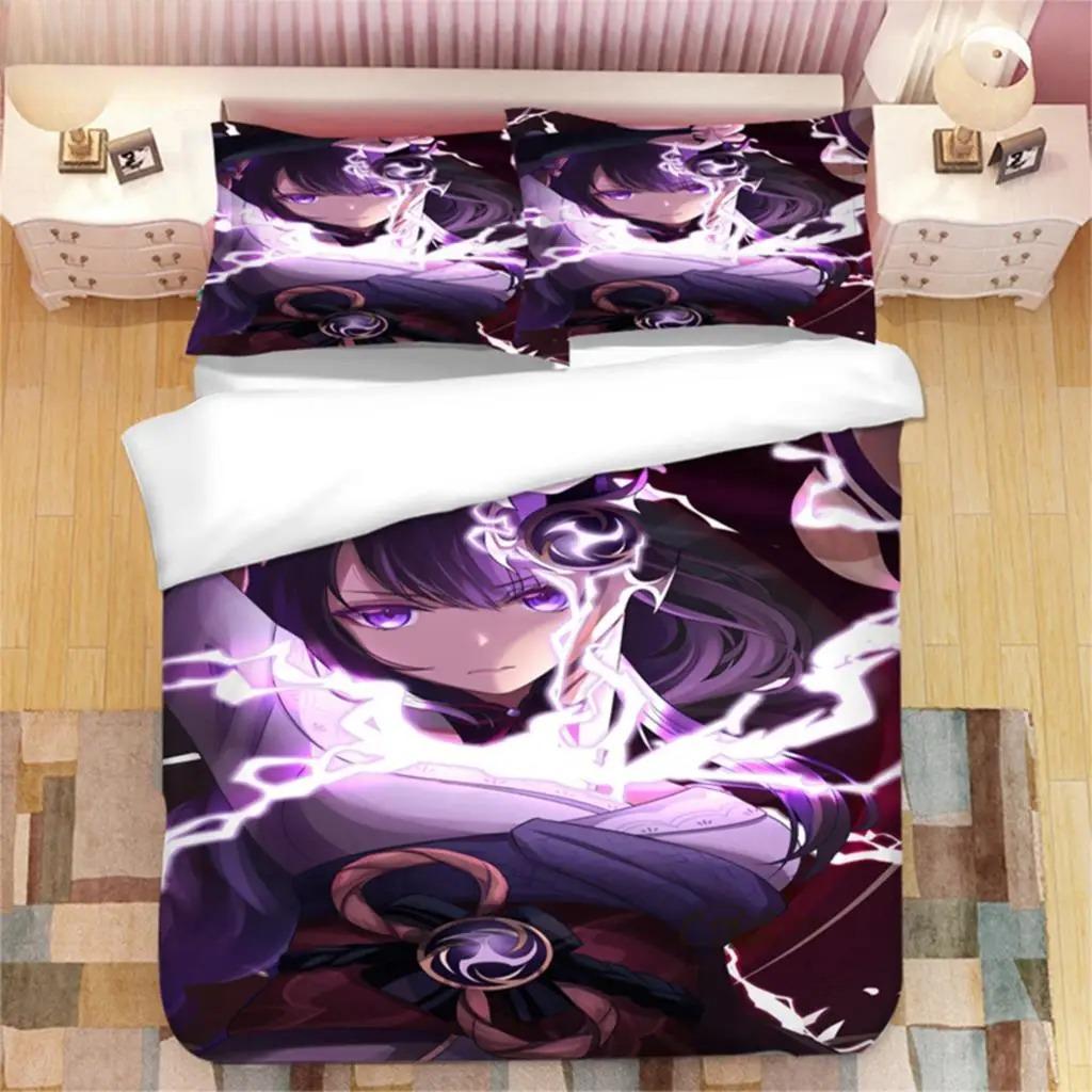 Genshin Impact Raiden Shogun 3D Printed Bedding Set Duvet Covers Pillowcases Comforter Bedding Set Bedclothes Duvet Cover