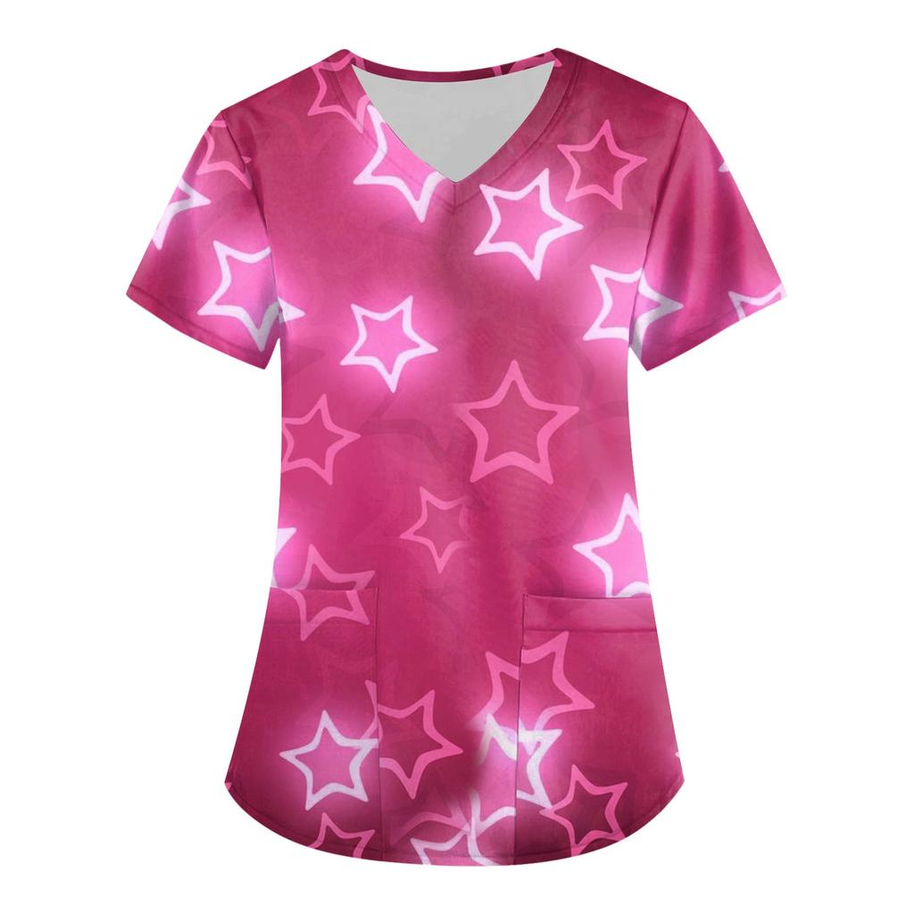 Women's Fashion V-neck Short Sleeve Workwear With Pockets Valentine's Day Printed Tops