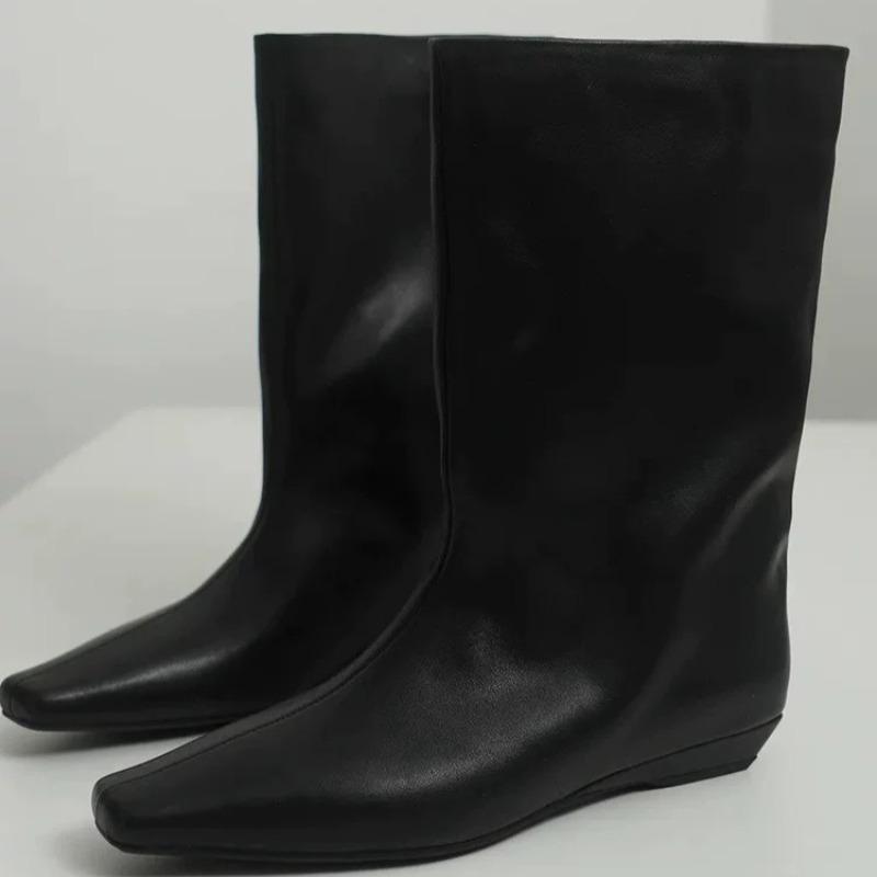 Long Women Boots Leather Small Square Head Wedge Mid Tube Boots Women's 2025 New Versatile Loose Tube Short Boots Woman