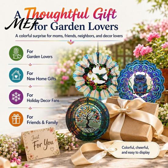 3D Kinetic Art Sculpture Outdoor Owl/Hummingbird/Flower/Tree of Life/Rooster Wind Spinners, Reflective Spinners Garden Decor, Bird Deterrents
