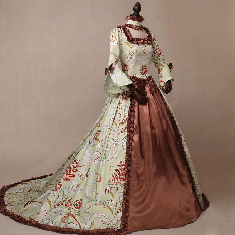 European and American Foreign Trade Long sleeve Print Temperament Court Retro Evening dress Big Bell Sleeve Amazon Dress Dress Brown L