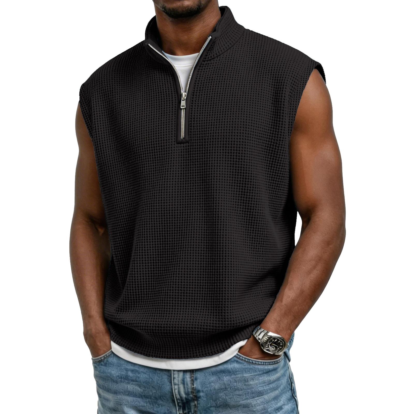 Men s Casual And Fashionable Stand-up Collar Vintage Top - Men s One-third Zipper Stand-up Collar Sports Sleeveless Top L