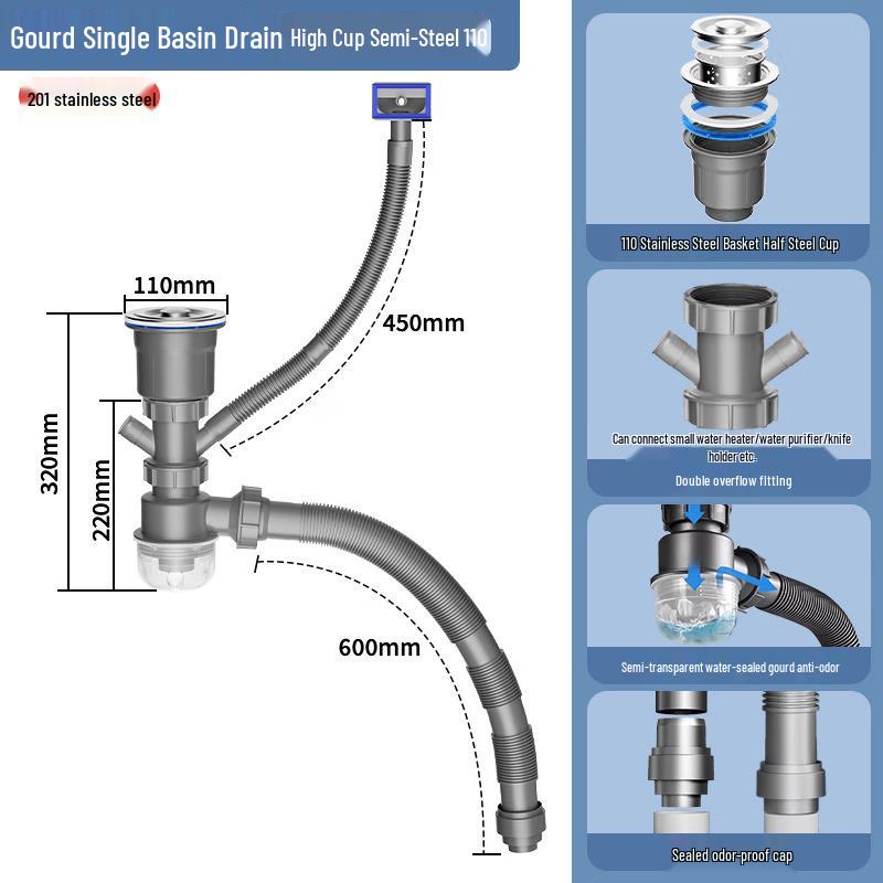 Kitchen Sink Drain Pipe Kit, Anti-Odor