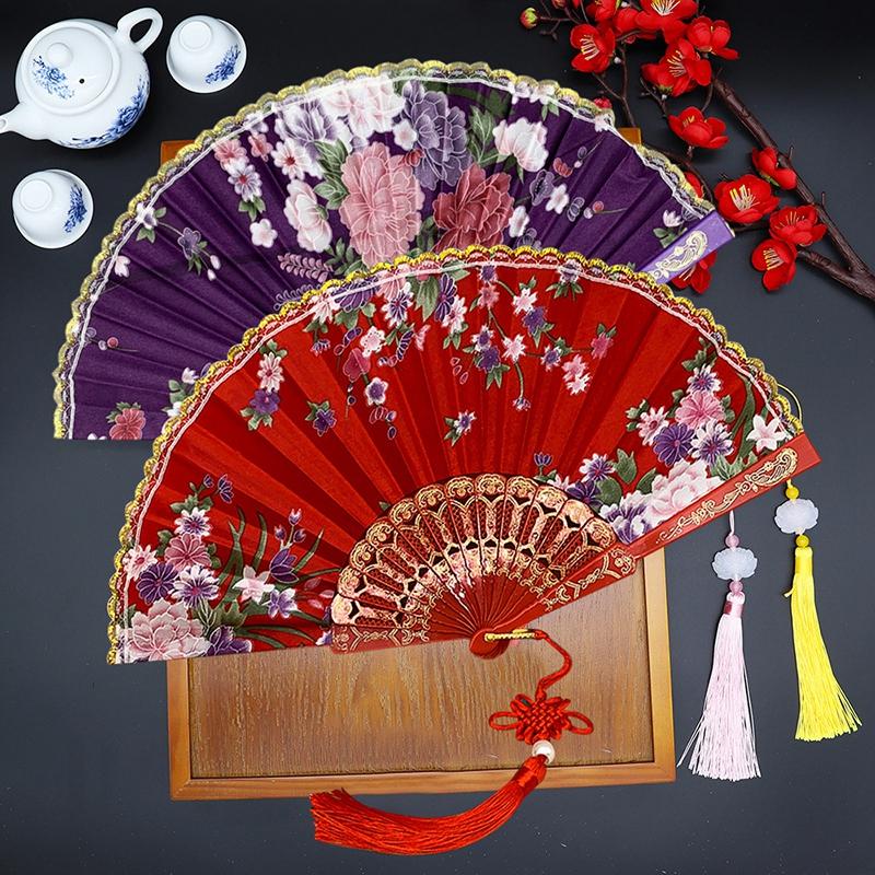 Silk Cloth Folding Fan Traditional Chinese Dancing Fans Hand Fan Portable Performance Props Vintage Wedding Party Photo Props