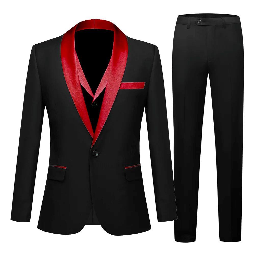 Fashion New Men's Casual Black Blazer Sets 3 Pcs/ Multicolor Small Shawl Collar Party Wedding Singer Show Suit Jacket Pants Vest