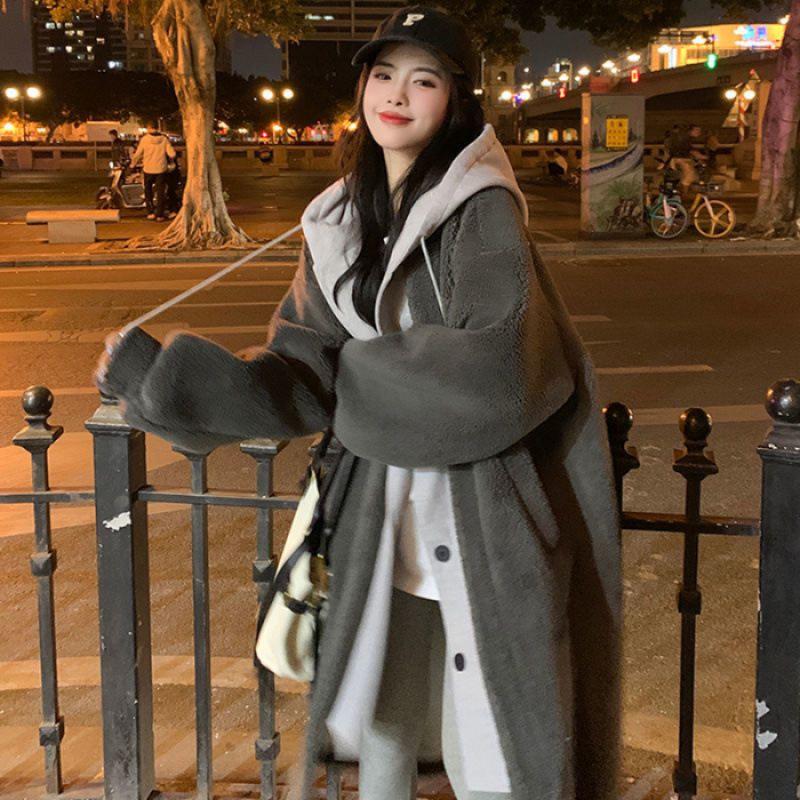 

Chic Korean 2025 Autumn/Winter Long Hooded Lambswool Skirt Jacket 3XL