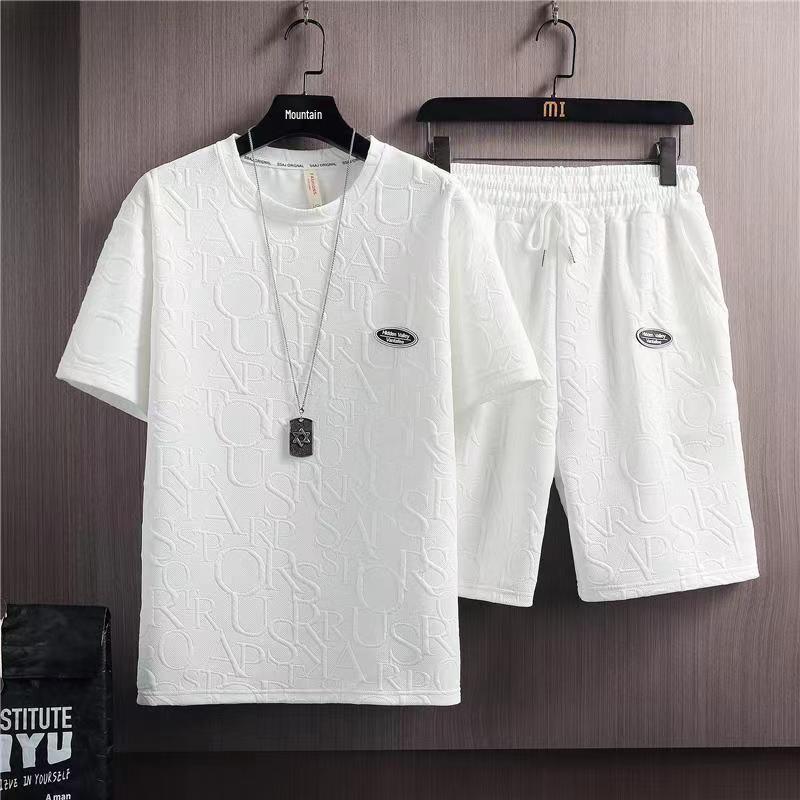 Men's Trendy Solid Color Summer Suit: Versatile Korean Style Casual Short-Sleeve Waffle T-Shirt and INS Shorts