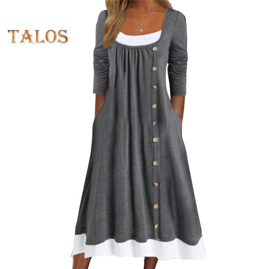 

Женское осеннее платье, подходящее по цвету лоскутное платье из двух частей, плиссированное платье с пуговицами, трапециевидное платье с боковыми карманами и длинными рукавами, с круглым вырезом, миди-платье 2XL