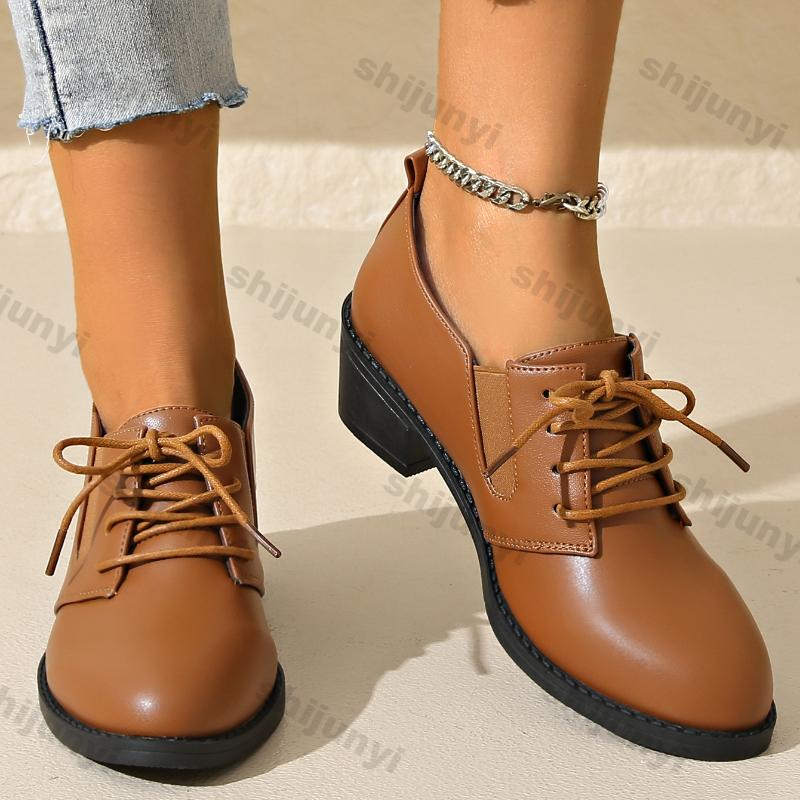 Women's Elegant Chunky Heels Lace-up Pumps Fashion Solid Color Leather Shoes Women Black Pointed Mid Heeled Loafers Plus Size 43