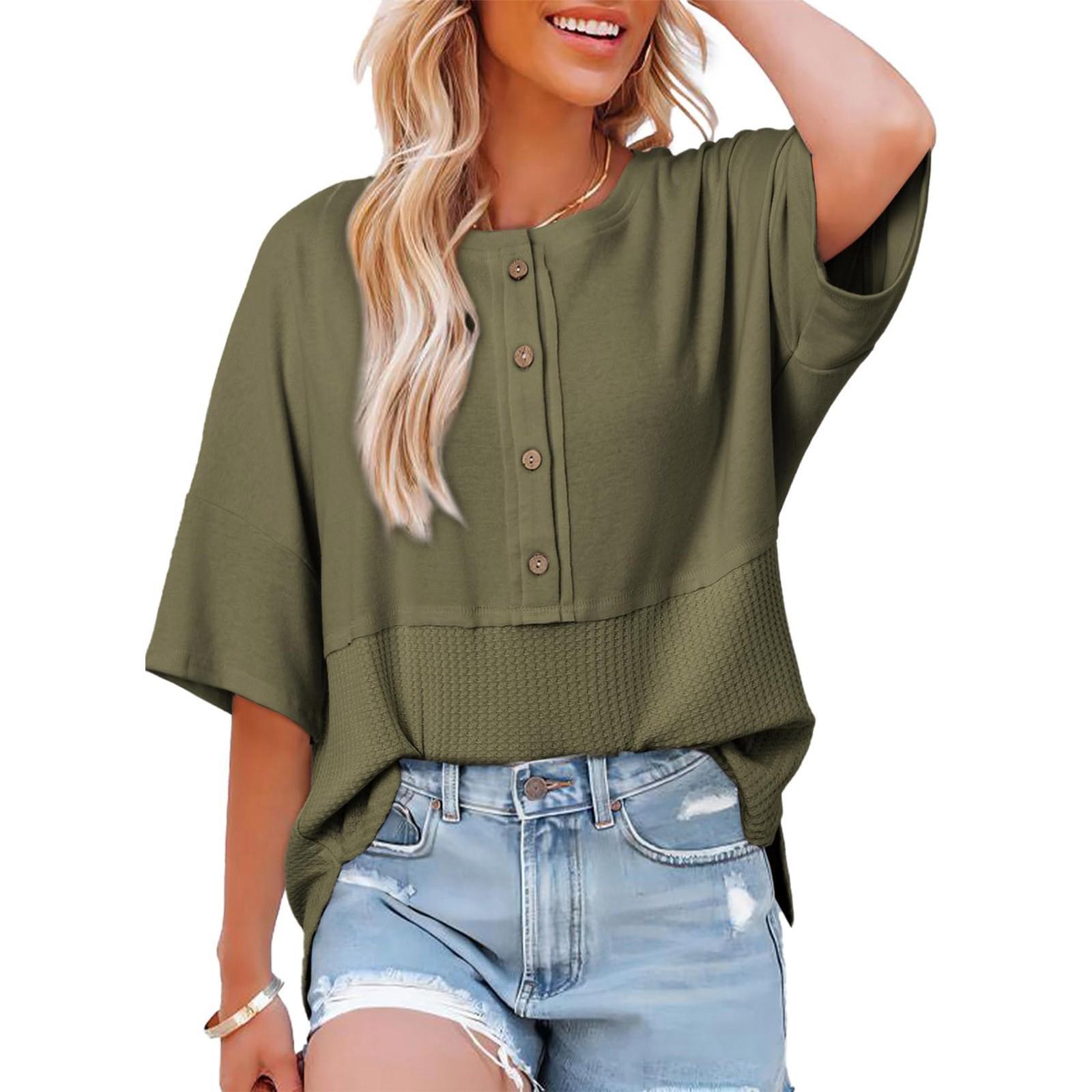 

Модные женские топы Повседневная рубашка оверсайз в стиле пэчворк с пуговицами на шее L армия зеленый