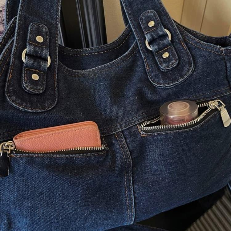 Bolsa tote de brim lavado de grande capacidade bolsa de ombro feminina