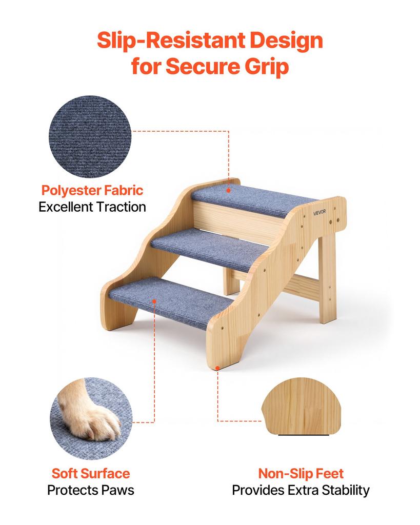 VEVOR Wood Pet Stairs, 3-Step Dog Stairs for High Beds, Sofa & Cars, 68 Kg Load Capacity, Non-Slip Surface