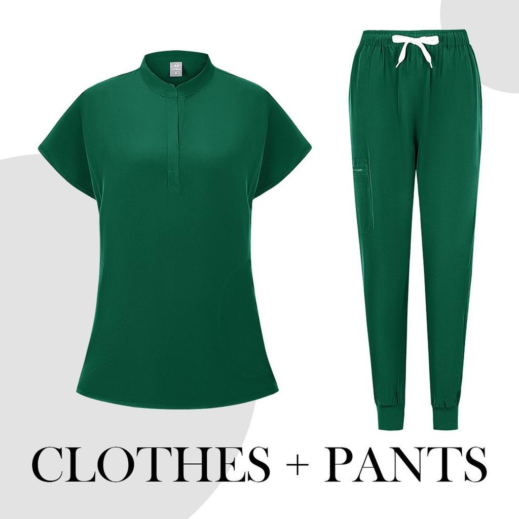 Women's Quick Drying Fabric Solid Color V-neck Pocket Short Sleeved Pants Set Workwear